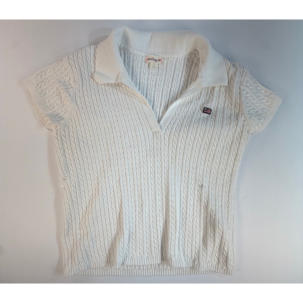 Polo Jeans Co Ralph Lauren White Cable Knit Short Sleeve Polo Sweater Large